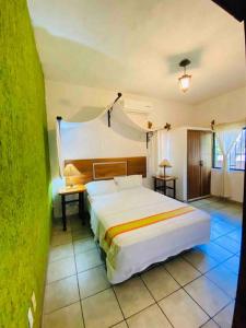 ein Schlafzimmer mit einem weißen Bett und einer grünen Wand in der Unterkunft Casa de Mamá Nico in Barrio Nuevo