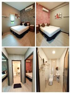three pictures of a bedroom with two beds and a bathroom at Tc theme park Guest house in Kuantan