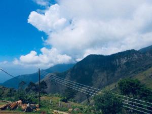 a view of a mountain range with a telephone pole at Misty Mountain Lodge Ohiya in Ohiya