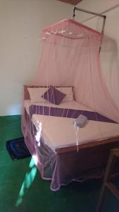 a bedroom with a bed with a mosquito net at Chandi Relax Hostel in Sigiriya
