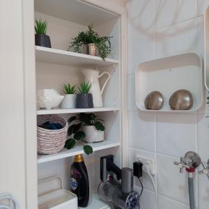 uma despensa de cozinha com vasos de plantas e um lavatório em At Home Apartments em Sale