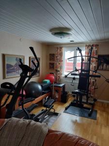 a living room with a gym with exercise equipment at Guest room in Uppsala