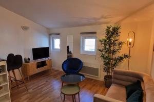 uma sala de estar com um sofá e uma cadeira azul em T2 Charmant - Hypercentre - Quai de Garonne - Wifi em Toulouse