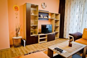 uma sala de estar com uma televisão, um sofá e uma mesa em Sunflower Apartment City Center em Plovdiv