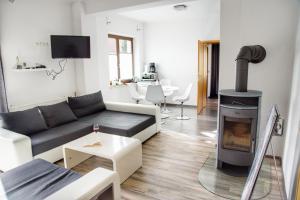 ein Wohnzimmer mit einem Sofa und einem Kamin in der Unterkunft unteres Apartment 110qm in Mönkebude