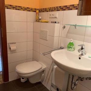 bagno bianco con servizi igienici e lavandino di Ferienhaus Summerer a Grafenau