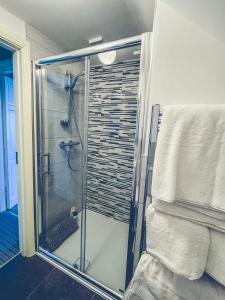 a shower with a glass door in a bathroom at Maytown Cottage in Rosslare