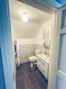 a bathroom with a toilet and a sink at Maytown Cottage in Rosslare
