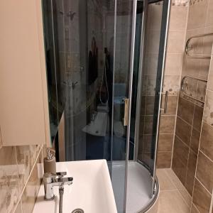 a shower with a glass door next to a sink at Sweet home in Šiauliai