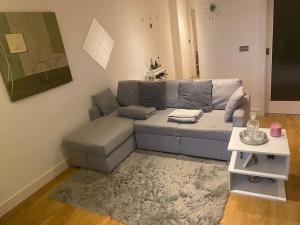 a living room with a gray couch and a table at Beautiful 1 bedroom flat in Leeds