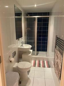a white bathroom with a toilet and a sink at Beautiful 1 bedroom flat in Leeds