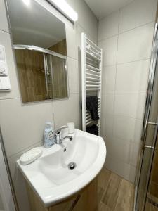 uma casa de banho branca com um lavatório e um espelho em Horská chata Svahová em Boleboř