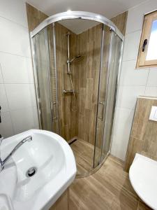 a bathroom with a shower and a sink at Horská chata Svahová in Boleboř