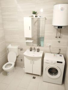 een badkamer met een toilet, een wastafel en een wasmachine bij Hercegovina Rent in Ljubuški +9 foto's