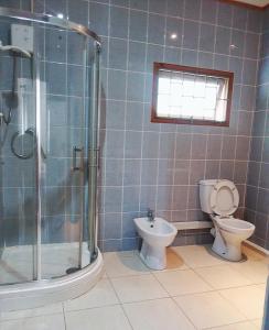 a blue tiled bathroom with a toilet and a shower at Roz A Mer - Beach Apartment in Mahe