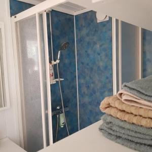 La salle de bains est pourvue d'une douche, d'un miroir et de serviettes. dans l'établissement Lys og lettstelt leilighet med utsikt over byen, à Sandefjord