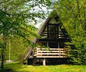 SulzfeldにあるFeriendorf Sulzfeldの木々の茂る森の中の小屋