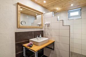 La salle de bains est pourvue d'un lavabo et d'un miroir. dans l'établissement Am Sersbach, à Forbach