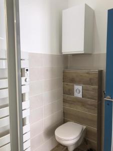 een badkamer met een wit toilet en een witte kast bij Séjour détente et bien être avec SPA au gîte l Olipin in Aubais