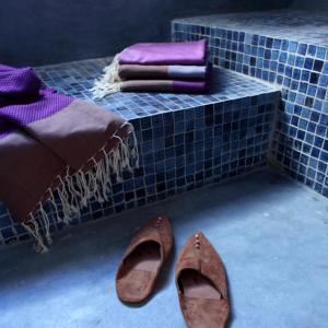 a pair of shoes sitting next to a tiled counter at Dar Bibine in Erriadh