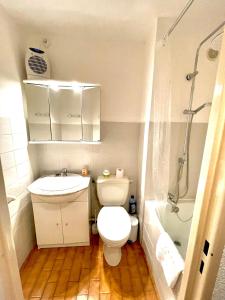 La salle de bains est pourvue de toilettes, d'un lavabo et d'une douche. dans l'établissement Chez Jorge et Mae - Studio 4 pers. La Frégate - Grau du Roi- France, au Grau-du-Roi