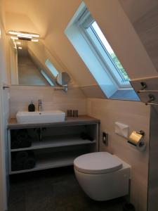a bathroom with a toilet and a sink with a skylight at May Home in Schashagen