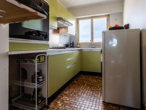 トゥルヴィル・シュル・メールにあるApartment Laetitia by Interhomeのキッチン(緑のキャビネット、冷蔵庫付)