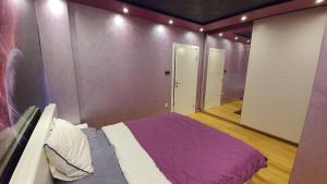 1 dormitorio con cama morada y espejo en Urban Home Sweet Home & Parking, en Belgrado