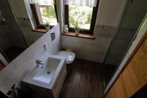 a bathroom with a sink and a toilet and windows at Chalupa Dejnowo in Pilec