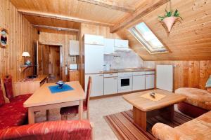 Landhof Steinhütte في بايريش أيزنشتاين: مطبخ وغرفة معيشة في كابينة خشب +5 صور