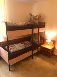 two bunk beds in a room with a lamp at Monteurzimmer Riesa in Riesa