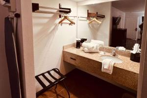 a bathroom with a sink and a mirror at Econo Lodge Inn & Suites Downtown San Antonio Riverwalk Area in San Antonio