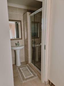 La salle de bains est pourvue d'une douche en verre et d'un lavabo. dans l'établissement Danrit Guesthouse - Uncapped wifi, à Roodepoort