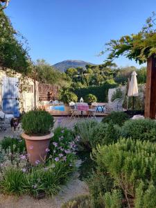 - un jardin avec une table, des chaises et des fleurs dans l'établissement Le Mas Saint Pierre, à Roquefort-les-Pins