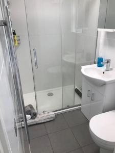 La salle de bains est pourvue d'une douche, de toilettes et d'un lavabo. dans l'établissement Waterside Park Annex, à Kingsbridge