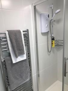 a bathroom with a shower with a towel and a mirror at Waterside Park Annex in Kingsbridge