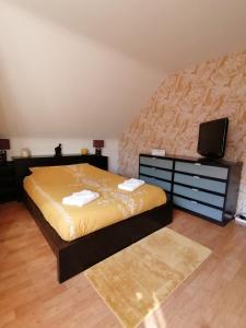 um quarto com uma cama e uma cómoda com uma televisão em LE CLOS DU MONTYS em Louveigné