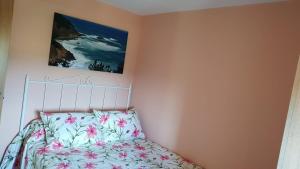 ein Schlafzimmer mit einem Bett und einem Wandgemälde in der Unterkunft Leutoño in Malpica
