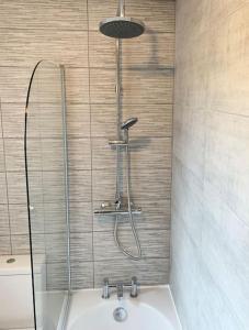 a shower in a bathroom with a sink at May Cottage - Heart of Vibrant Village & 10 mins Walk to Beach in Milford on Sea