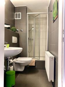 ein Bad mit einer Dusche, einem WC und einem Waschbecken in der Unterkunft M-Hotel in Stuttgart