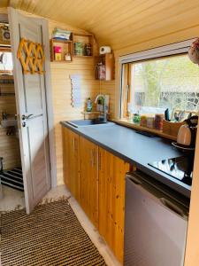 eine kleine Küche mit einem Waschbecken und einem Fenster in der Unterkunft Irenes Tinyhouse in Markt Nordheim