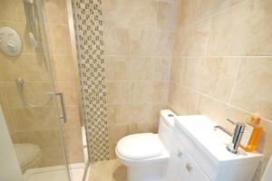 a bathroom with a toilet and a shower and a sink at 3bedroom beautiful cottage in Cheshunt