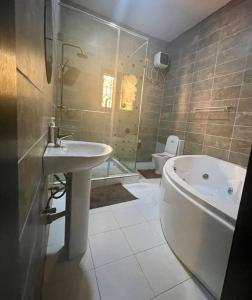 a bathroom with a sink and a tub and a toilet at PH Apartment, Wuye in Abuja