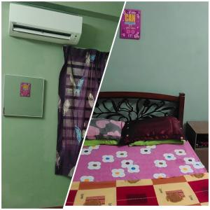 duas fotografias de um quarto com uma cama e um ar condicionado em Homestay Lumut em Lumut