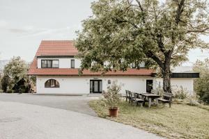 ein weißes Haus mit einem Picknicktisch und einem Baum in der Unterkunft Weingut - Gästezimmer Resch Ludwig vlg. Powoden in Leutschach