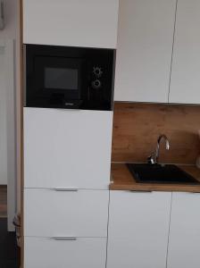 eine Küche mit einer Spüle und einer Mikrowelle in der Unterkunft Vila Cissa in Novalja
