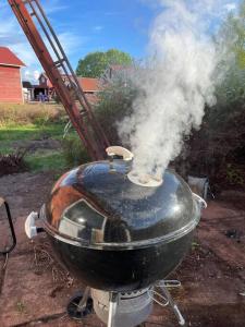 una griglia barbecue a vapore che ne esce di Homestay in picturesque village 
