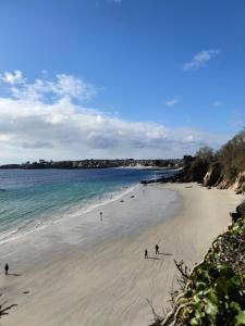 un groupe de personnes sur une plage près de l'océan dans l'établissement CHARMANT APPARTEMENT 3 étoiles classé BORD DE MER Travel Award 2024, à Plougonvelin