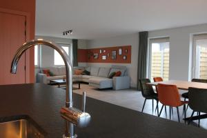 a kitchen and living room with a sink and a counter top at De Romanie in Mangelaar