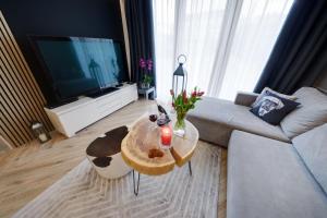 Televízia a/alebo spoločenská miestnosť v ubytovaní Apartament Heaven-2 poziomowy elegancki z wanna w pokoju